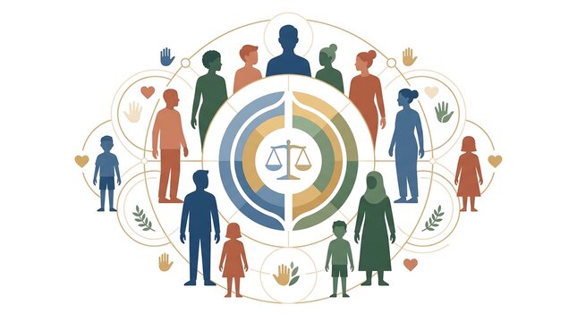 Diverse group of people surrounding a central justice scale icon representing equality and social balance.