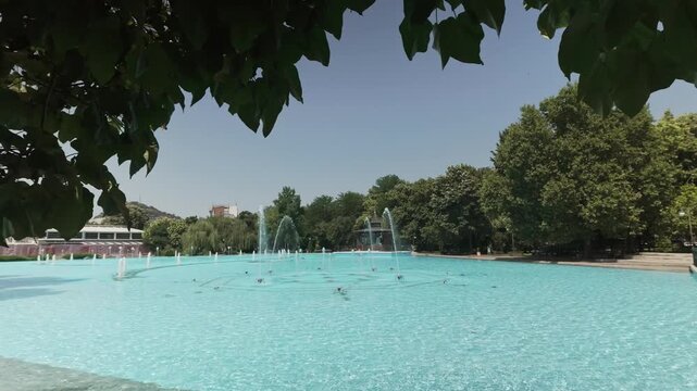 Turquoise clear water in the Singing Fountains, a landmark water feature in Tsar Simeon Gardens in central Plovdiv, Bulgaria.