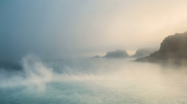 atmospheric coastal landscape featuring fog rolling over water