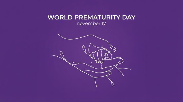 World prematurity day november 17 minimalist line art illustration of an adult hand holding a tiny baby hand on a solid purple background world prematurity day