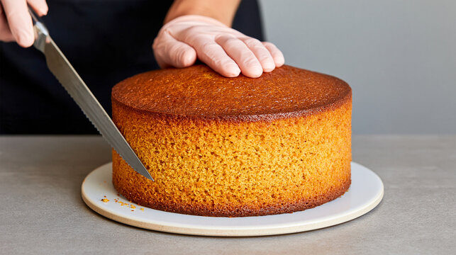 Person cutting round sponge cake on white plate in kitchen  