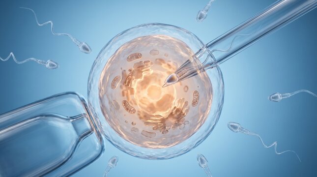 A microscopic view depicts human sperm cells surrounding an ovum being manipulated by a pipette spermatozoa gamete egg oocyte fertilization