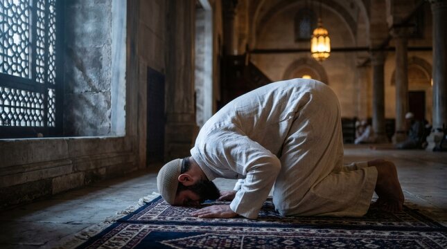 Muslim man praying inside a historic mosque bowing down on a rug