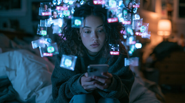 Young Woman Overwhelmed by Social Media Notifications on Smartphone