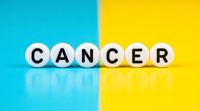 Cancer awareness concept photo. White letter beads spelling the word cancer arranged on a split blue and yellow background surface with reflections