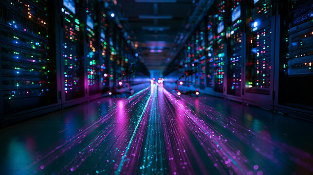 Server Room with Futuristic High Speed Data Streams