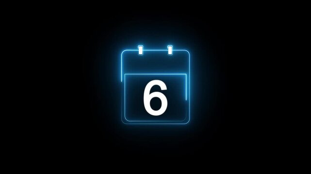 Glowing neon calendar date 6 symbol for deadline and planning. neon calendar icon deadline date animation.