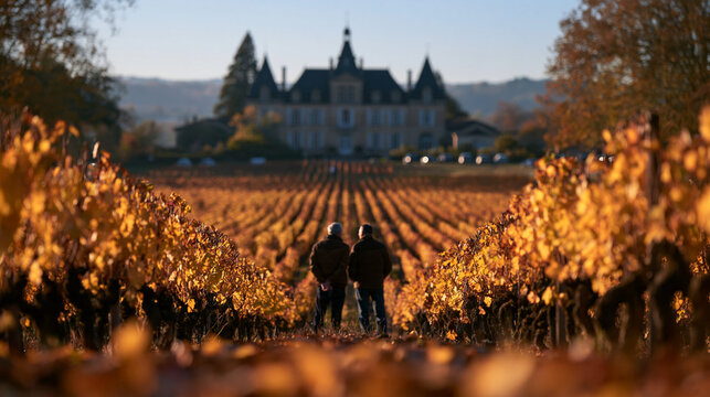 Two Men Standing in Autumn Vineyard Overlooking Chateau