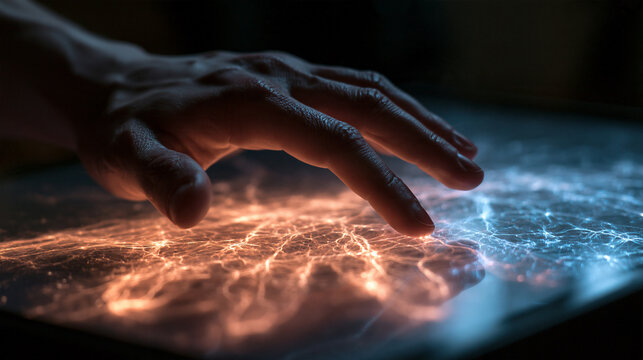 Hand Interacting with Glowing Digital Interface Screen