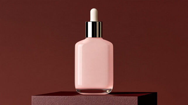 Pink serum dropper bottle on a brown pedestal with solid background  
