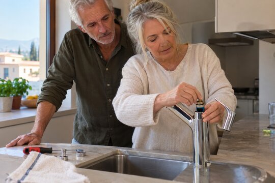 Older woman adjusts kitchen faucet with man watching beside her. Focused couple works on sink fixture together, using hand tools on countertop in bright home kitchen, working on faucet installation.