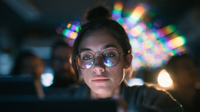 Young Female Developer Working Late in Modern Office