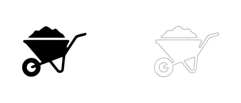 Construction wheelbarrow with gravel vector icon filled and outline, sand haulage cart and site equipment symbol.