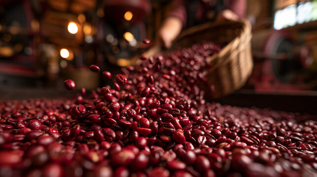 Fresh Coffee Beans Pouring from Basket in Roastery
