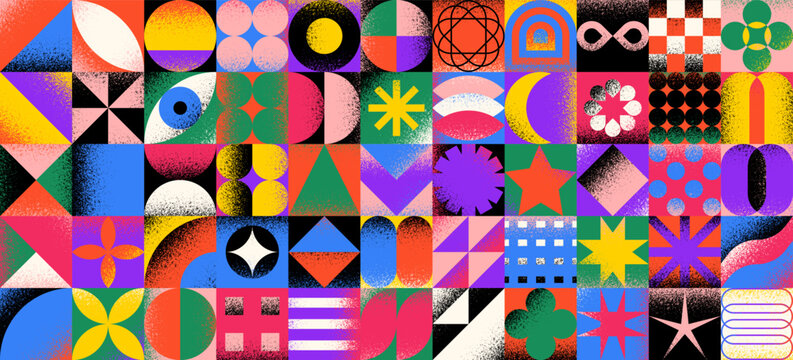 Abstract geometric shapes vector set with textured grain, noise effect. Color modern graphic design elements and contemporary patterns for creative projects