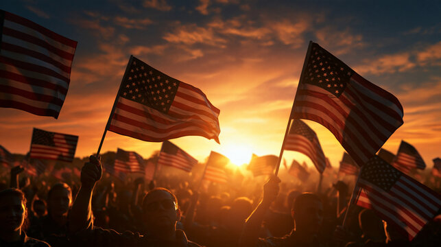 Crowd Waving American Flags at Sunset During Patriotic Rally