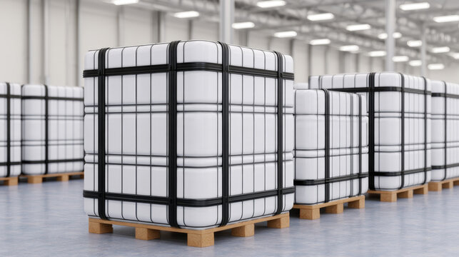 Industrial warehouse storage tank, sealed white liquid container secured on wooden pallet, supply logistics setting
