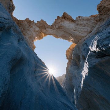 Dramatic sandstone arch canyon at sunrise with sunstar and blue sky for natural background and wallpaper design