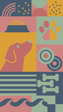Flat design retro pet geometric poster with dog silhouette, dog food bowl, bones, paw prints, and grid