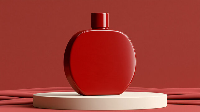 Red perfume bottle in modern round shape on beige pedestal  