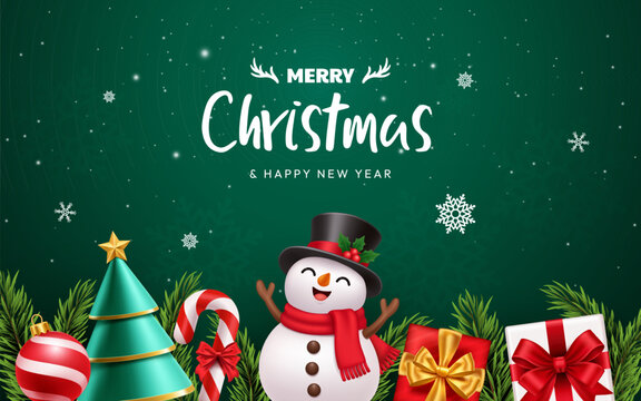 Merry Christmas Green Background with Snowman, Christmas Tree, Gifts and Festive Decorations