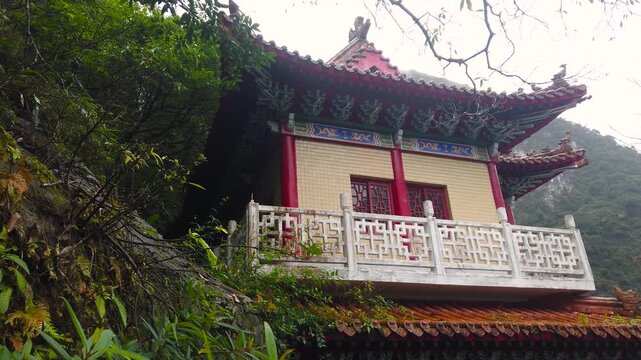Taoist Monastery Building at Taroko Gorge National Park in Taiwan - Side Angle LS UHD 4K