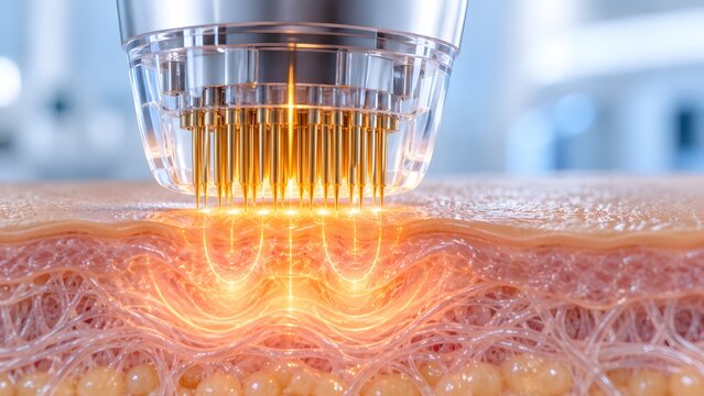 Macro focus on gold micro needles of radiofrequency skin tightening device