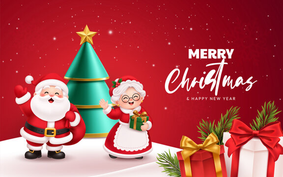 Merry Christmas Background with Santa Claus and Mrs Claus, Christmas Tree, Gifts and Snowy Landscape