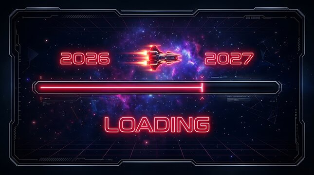 New year 2027 loading screen with spaceship and futuristic interface