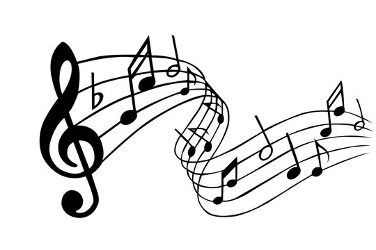 Abstract Musical Notes and Flowing Staff Lines on White Background