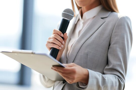 Close-up of a female presenter in a gray business suit holding a microphone and clipboard, speaking at a corporate seminar or event