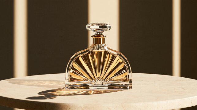 Elegant glass perfume bottle with golden liquid on round stone table