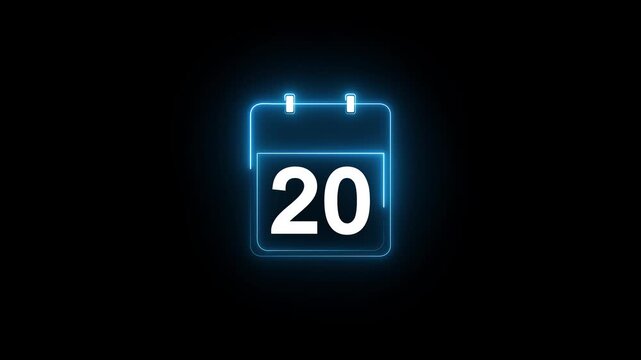 Glowing neon calendar date 20 symbol for deadline and planning. neon calendar icon deadline date animation.