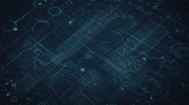 Circuit board schematic grid with technical lines and glowing nodes creates a complex engineering blueprint.