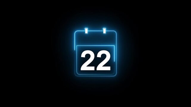 Glowing neon calendar date 22 symbol for deadline and planning. neon calendar icon deadline date animation.