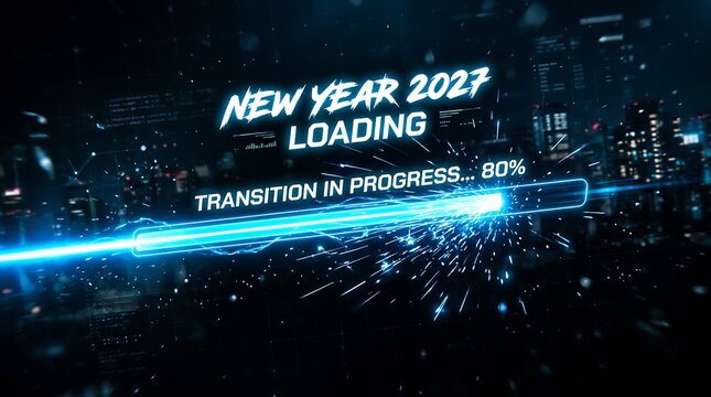 New year 2027 loading screen with glowing digital progress bar