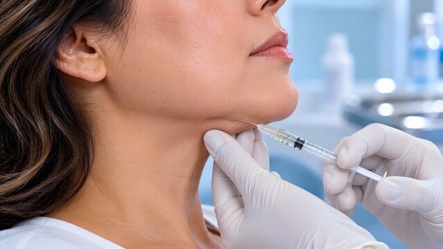 Practitioner performing submental fat dissolving lipolysis injection under chin close up
