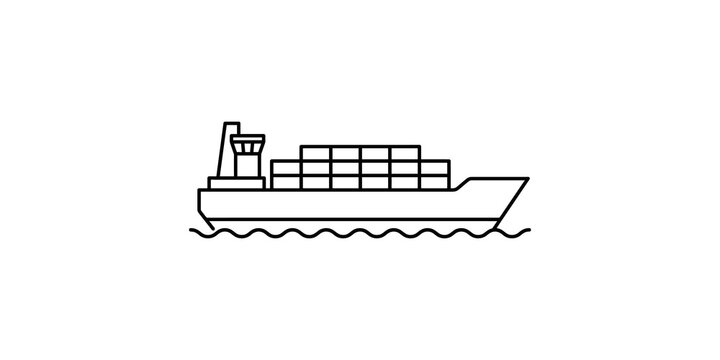 Cargo ship with containers on water waves black line icon for maritime shipping and logistics design projects.