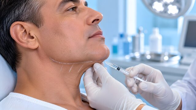 Mature man receiving non invasive submental fat reduction treatment for sharp jawline
