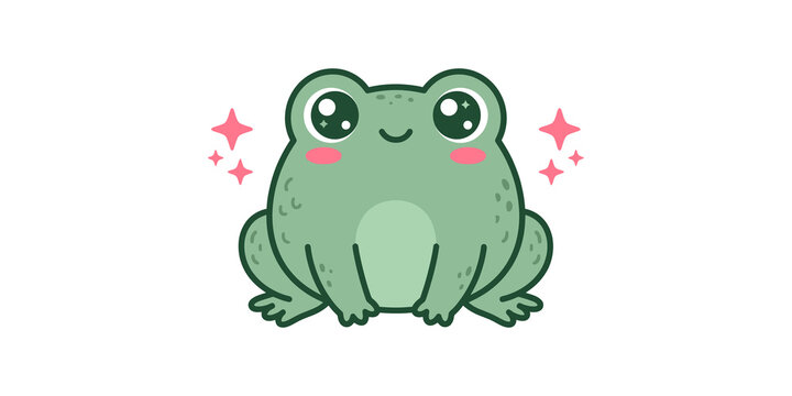 Cute kawaii frog character with sparkling pink stars for creative stickers and children graphics.