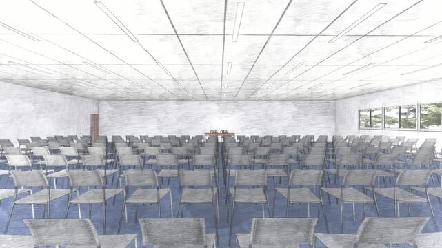 無人の記者会見場と演壇｜3DCGアニメーション