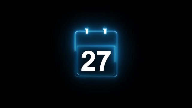 Glowing neon calendar date 27 symbol for deadline and planning. neon calendar icon deadline date animation.