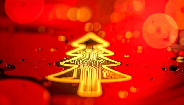 Minimalist technology Christmas background with golden circuit board tree icon on glowing red microchip
