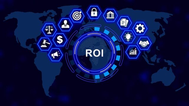Digital roi return on investment concept featuring animated global business and financial growth strategy symbols over a futuristic blue map background, for corporate data presentation