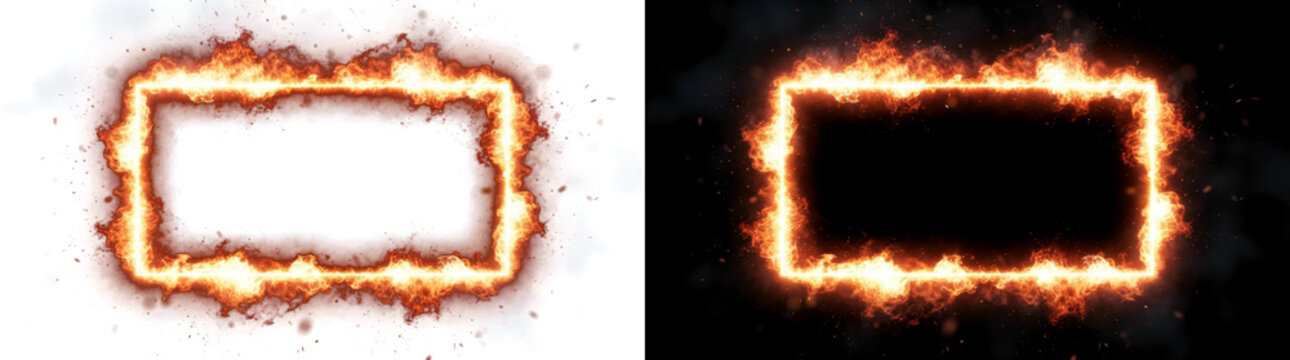 Png of fiery rectangular frame with realistic orange flames and flying sparks, burning border effect for cinematic or gaming design isolated on transparent background