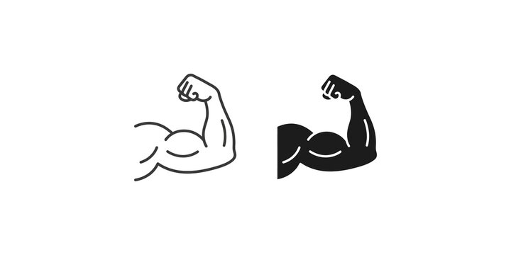 Bicep flex icon set with line art and solid black silhouette variations for fitness and muscle strength branding projects.