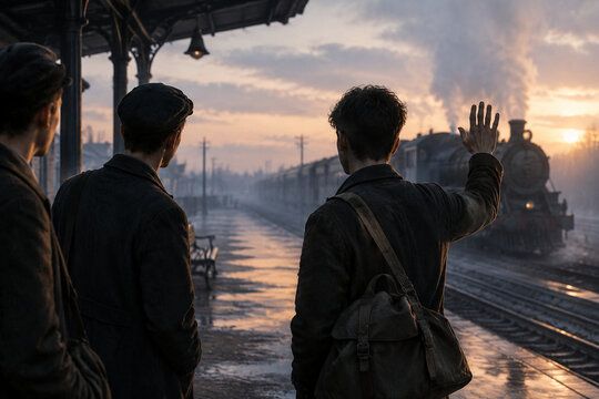 An empty train station platform at dawn, farewell scene with steam locomotive.