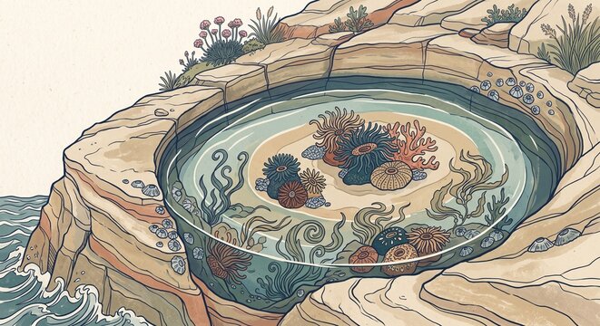Tidal pool seen from above with anemone-like shapes and tide rings