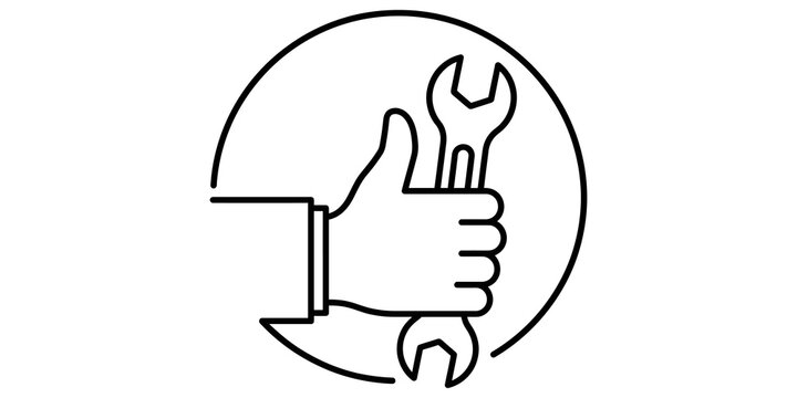 Hand holding wrench tool icon inside circle line art for repair and maintenance service logo design.