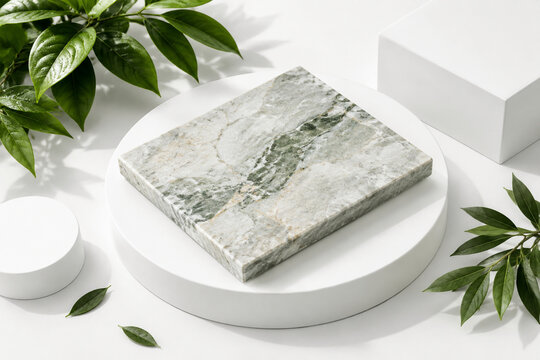 Green leaves and stone slab on a minimalist white podium display.